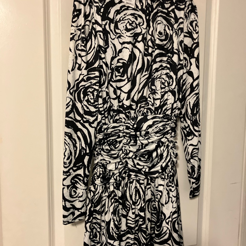 Bar III Black and White Rose Print Long Sleeve Dress